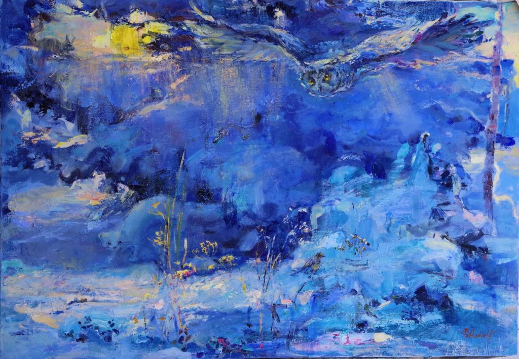 "Sinisessä lumessa", öljy kankaalle, 70x90 cm, 2018