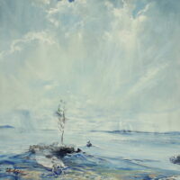 Kelluva saari, akryyli, kollaasi pellavakankaalle, 120x120 cm, 2021