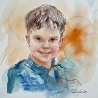 Hinta 520 €. Tilausmuotokuva lapsesta. Pojan muotokuva. Akvarelli, guassi, kynät 300 g puuvilla paperille, koko 47x 40 cm, 2024. Asiakkaiden palautteet-Muotokuva heijastaa hänelle ominaista arkuutta ja herkkyyttä ja ilme on hänelle ominainen.