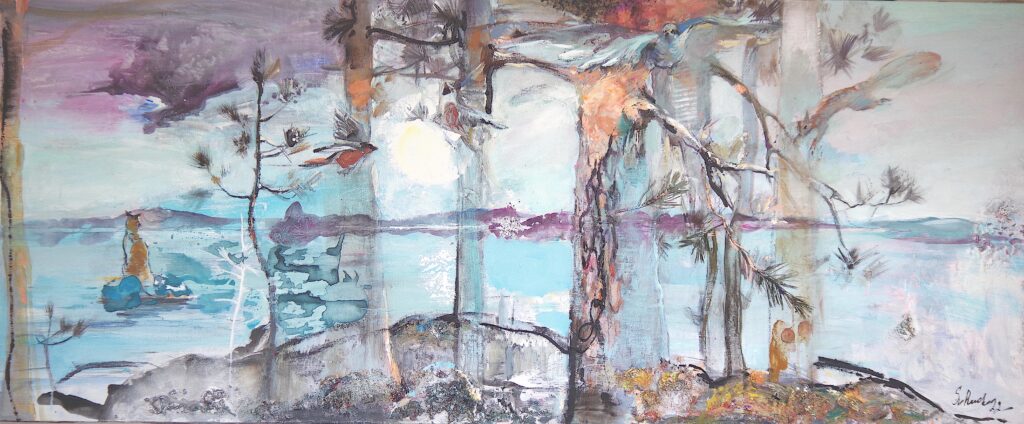 Hinta 2500 €, Järvi, taivas ja maa, 70 × 170 cm, akryyli, öljy, kollaasi, 2022