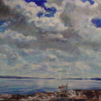 Hinta 460 € Tuulen kosketus.Vanhaselkä.Päijänne. Pigmenttivedos, akryyli, vesivärit, tekstuuripasta kankaalle, 70 x 90 cm, 2021