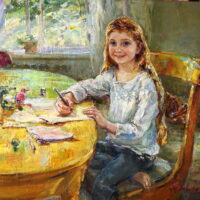 Preschooler. 50 x 55 cm, oil on canvas, 2020. A beautiful portrait of a little girl in the classical technique of oil painting. The soft daylight from the window and the beautiful surroundings of the home help to reveal the character of the child.