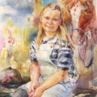 Юная наездница, бумага, акварель, 40х34 см, 2019 г. Солнечный портрет девочки на заказ. бумага, акварель.